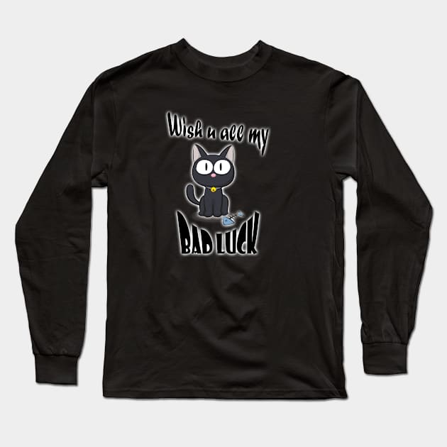 Black Cat 'Wish You All My Bad Luck' T-Shirt Prints - Embrace Your Dark Side in Style! Long Sleeve T-Shirt by Cool Art Clothing